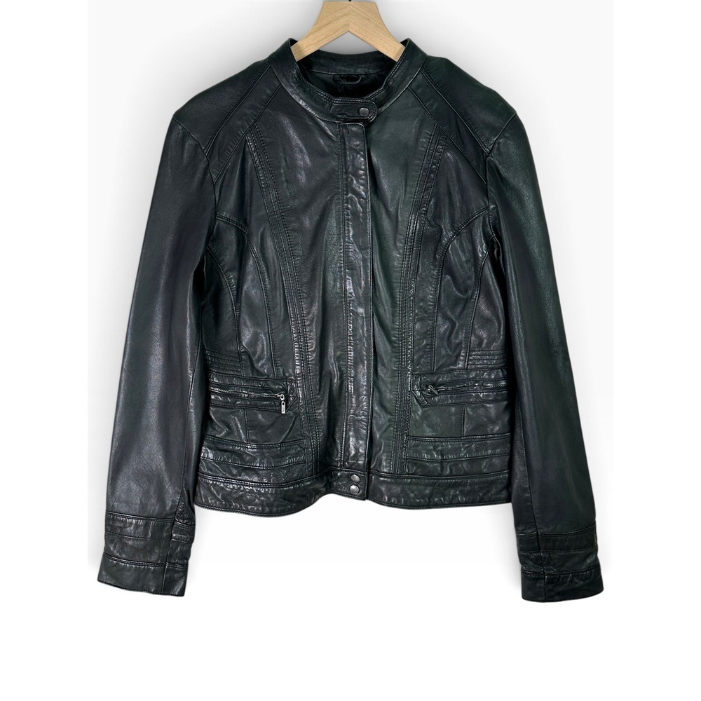 Cole Haan Leather Jacket Women Large Black Lambskin Moto Biker 35LV1032